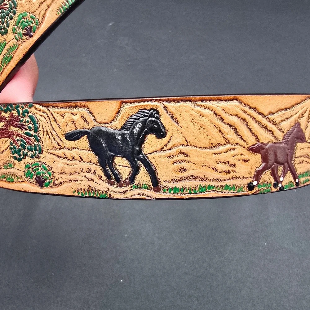 Nocona Belt Co Kids Western Tooled Leather Horse Scene Belt Buckle N4414002-28